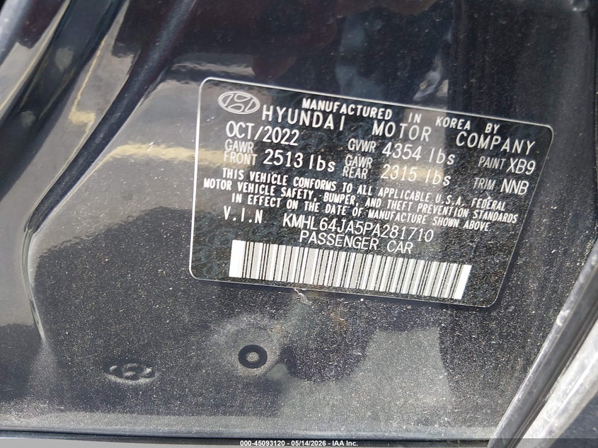 2023 Hyundai Sonata VIN KMHL64JA5PA281710 IAAI salvage auction — SIDE, Certificate Of Destruction (Florida), sold $2,650 on 2026-07-16 (photo 9)