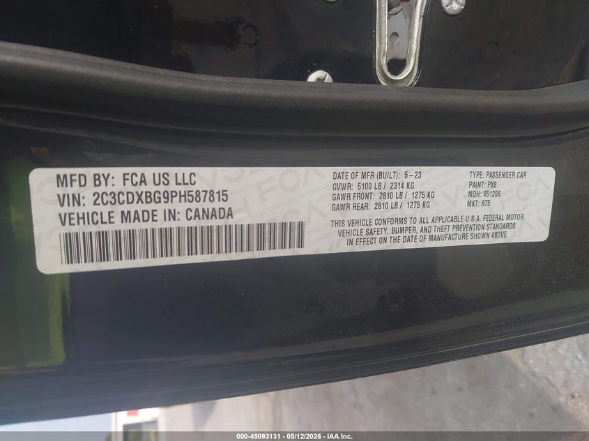 2023 Dodge Charger VIN 2C3CDXBG9PH587815 IAAI salvage auction — FRONT END, Certificate Of Destruction (Florida), sold $2,000 on 2026-07-23 (photo 9)