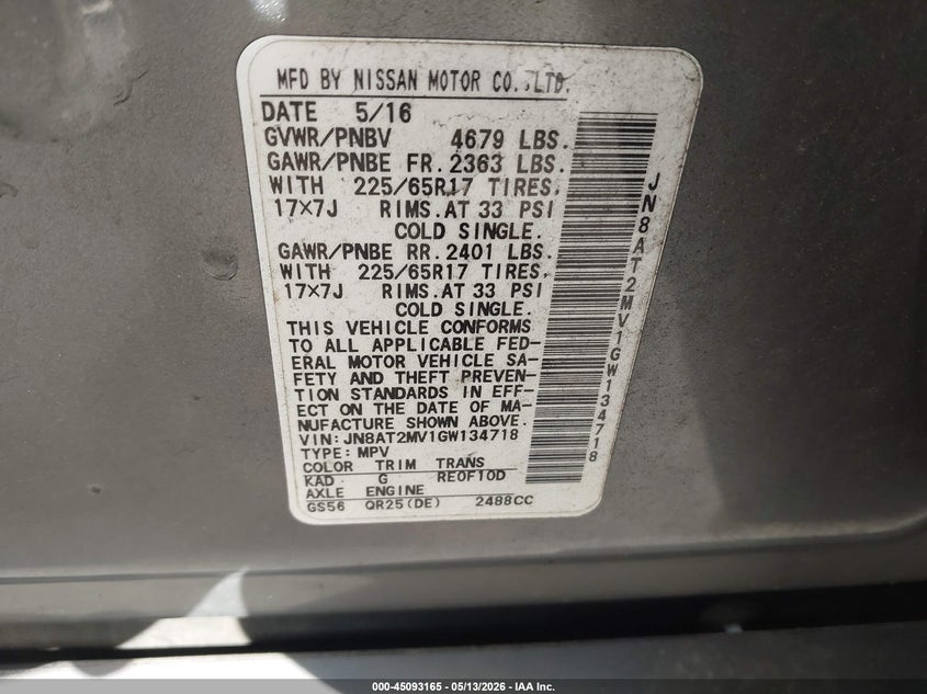 2016 Nissan Rogue VIN JN8AT2MV1GW134718 IAAI salvage auction — LEFT SIDE, Salvage Title, sold $550 on 2026-07-18 (photo 9)