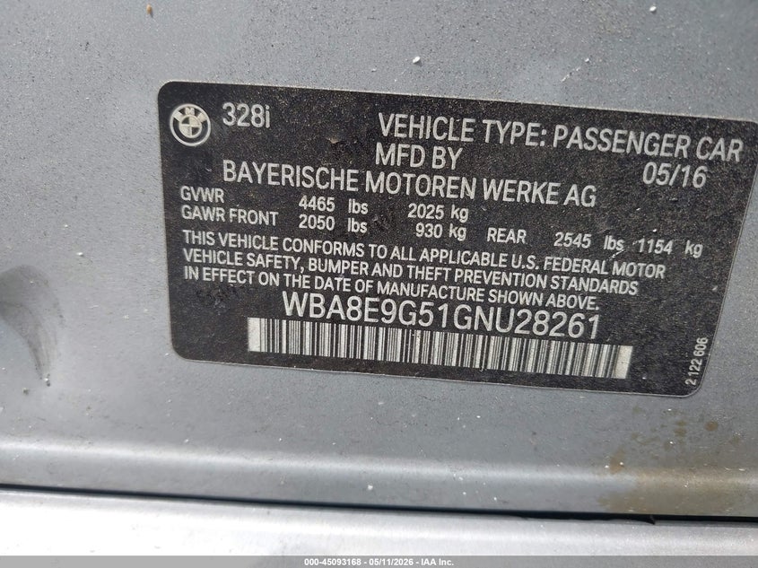 2016 BMW 3er VIN WBA8E9G51GNU28261 IAAI salvage auction — FRONT END, Salvage Title, sold $1,050 on 2026-08-19 (photo 9)