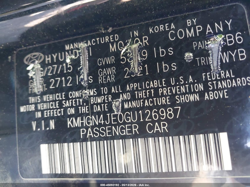 2016 Hyundai Genesis VIN KMHGN4JE0GU126987 IAAI salvage auction — RIGHT FRONT, Salvage - Greater Than 75% (Maryland), sold $1,950 on 2026-07-29 (photo 9)
