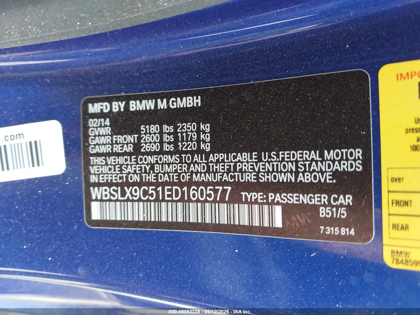 2014 BMW M6 VIN WBSLX9C51ED160577 IAAI salvage auction — LEFT REAR, Salvage (Illinois), sold $17,250 on 2026-08-26 (photo 9)