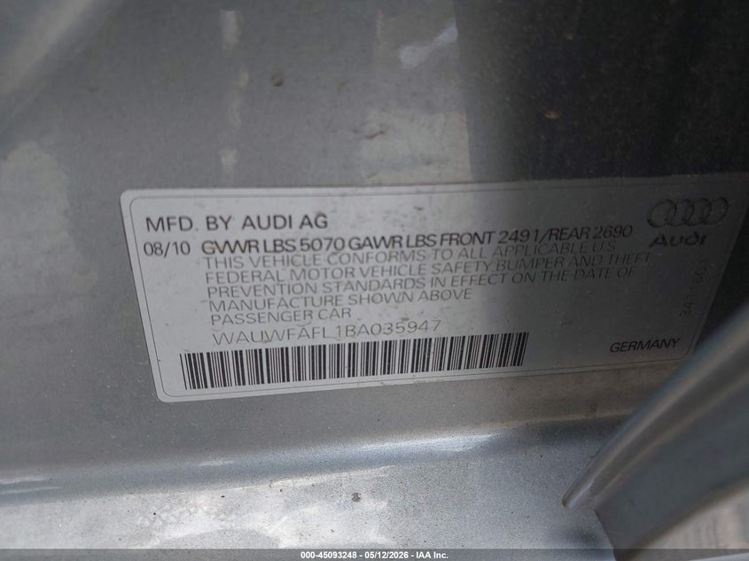 2011 Audi A4 VIN WAUWFAFL1BA035947 IAAI salvage auction — FRONT END, Salvage (New Hampshire), sold $275 on 2026-07-08 (photo 9)