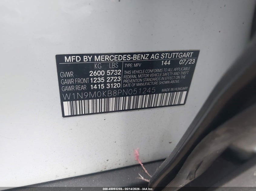 2023 Mercedes-benz Eqb VIN W1N9M0KB8PN051245 IAAI salvage auction — RIGHT SIDE, Mv-907A (New York), sold $25 on 2026-07-23 (photo 9)