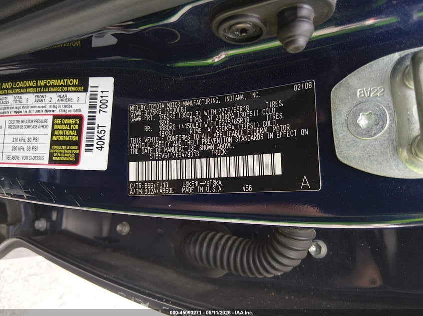 2008 Toyota Tundra VIN 5TBEV54178S478313 IAAI salvage auction — NORMAL WEAR, Salvage (Texas), sold $2,900 on 2026-07-14 (photo 9)
