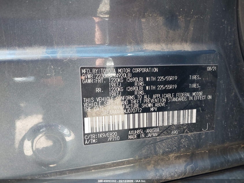 2021 Toyota Venza VIN JTEAAAAHXMJ070712 IAAI salvage auction — FRONT END, Salvage (Tennessee), sold $8,400 on 2026-07-30 (photo 9)
