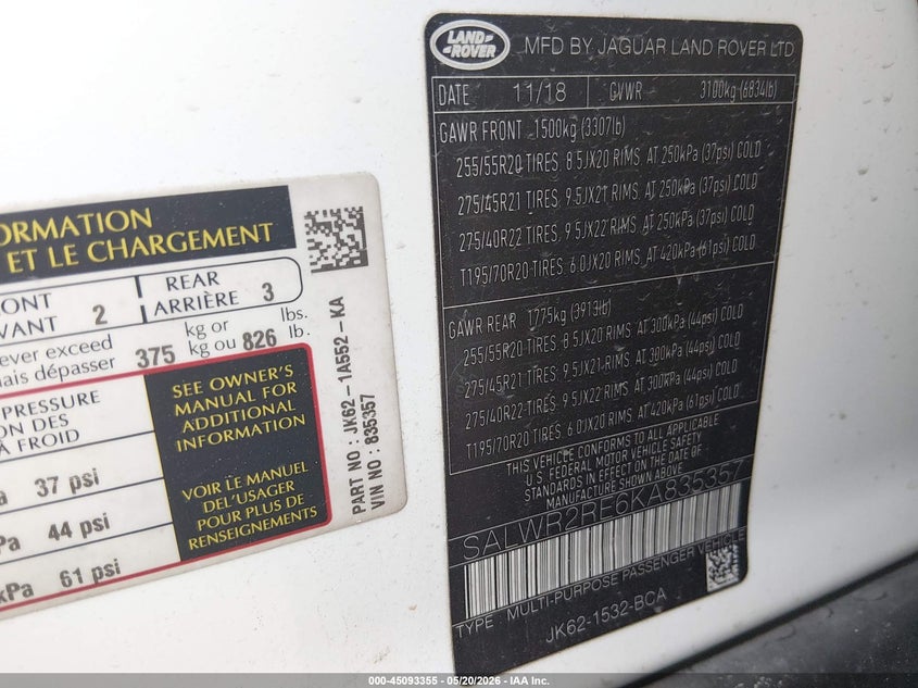 2019 Land rover Range rover sport VIN SALWR2RE6KA835357 IAAI salvage auction — UNDERCARRIAGE, Salvage (Texas), sold $13,400 on 2026-07-10 (photo 9)