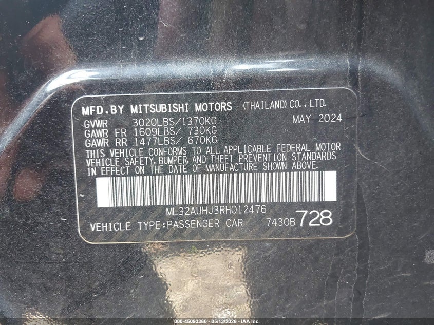 2024 Mitsubishi Mirage VIN ML32AUHJ3RH012476 IAAI salvage auction — LEFT FRONT, Salvage (Ohio), sold $2,000 on 2026-07-17 (photo 9)