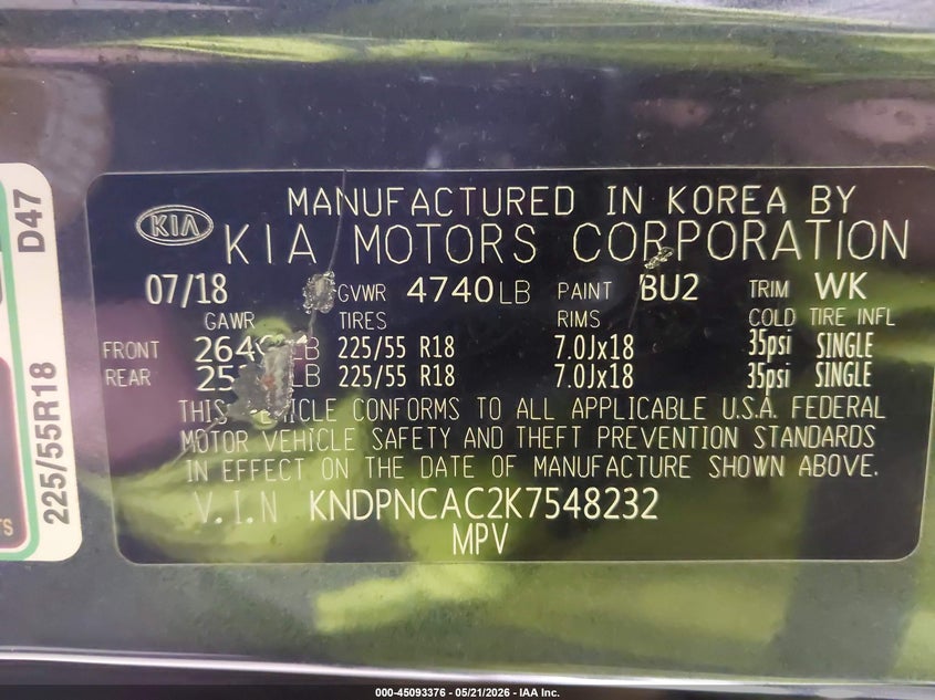 2019 Kia Sportage VIN KNDPNCAC2K7548232 IAAI salvage auction — HAIL, Salvage (Iowa), sold $6,050 on 2026-07-14 (photo 9)
