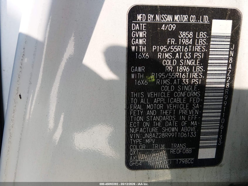 2009 Nissan Cube VIN JN8AZ28R99T106133 IAAI salvage auction — FRONT END, Salvage (Kentucky), sold $250 on 2026-07-13 (photo 9)