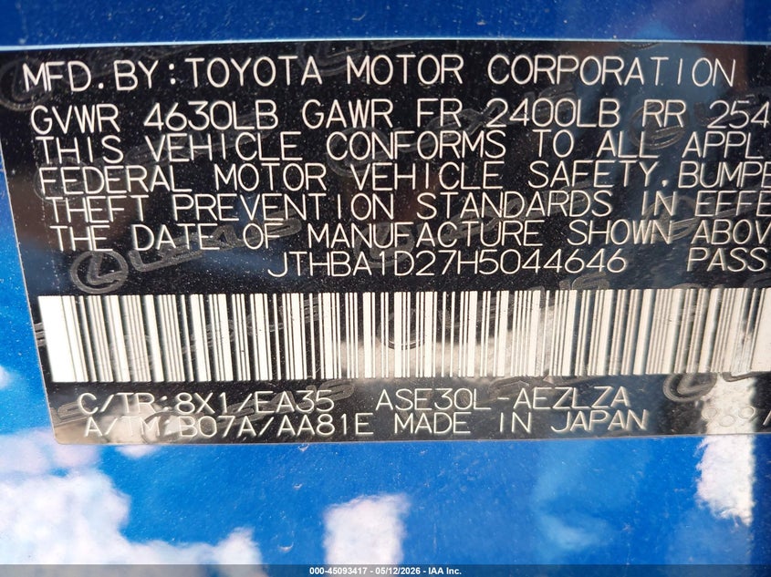 2017 Lexus Is VIN JTHBA1D27H5044646 IAAI salvage auction — FRONT END, Salvage (North Carolina), sold $1,300 on 2026-07-20 (photo 9)