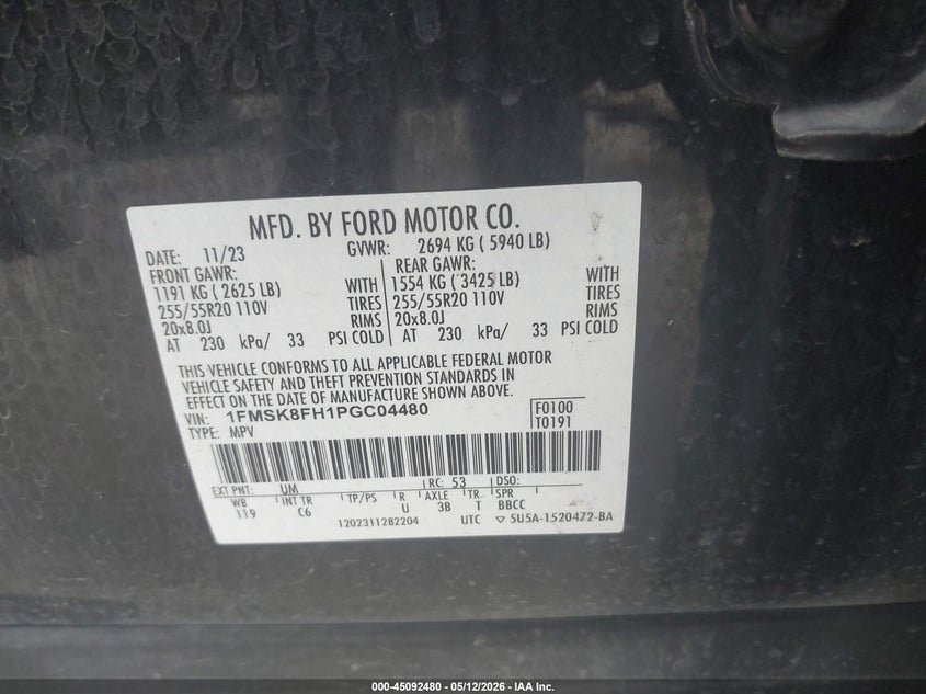 2023 Ford Explorer VIN 1FMSK8FH1PGC04480 IAAI salvage auction — HAIL, Salvage (Iowa), sold $9,925 on 2026-07-28 (photo 9)