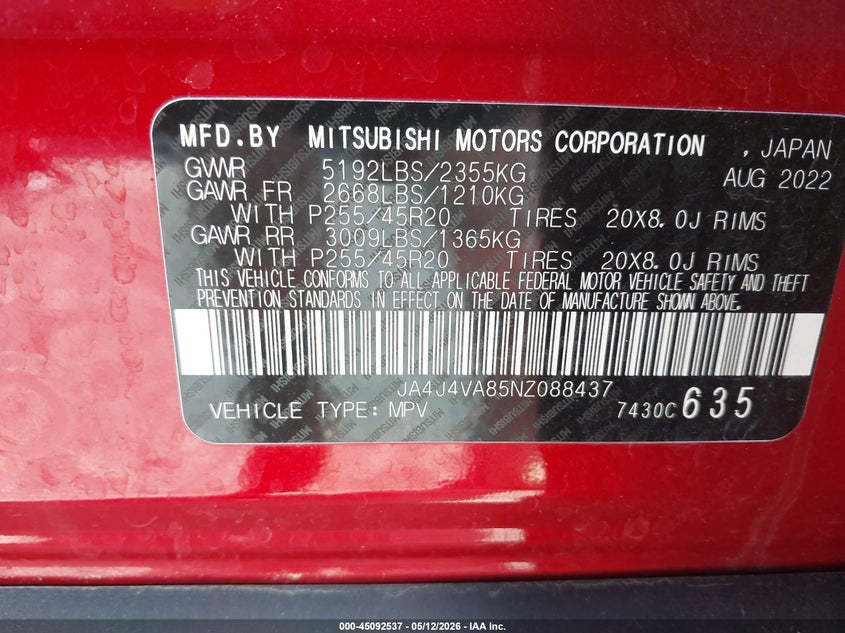 2022 Mitsubishi Outlander VIN JA4J4VA85NZ088437 IAAI salvage auction — RIGHT SIDE, Mv-907A (New York), sold $8,050 on 2026-07-30 (photo 9)