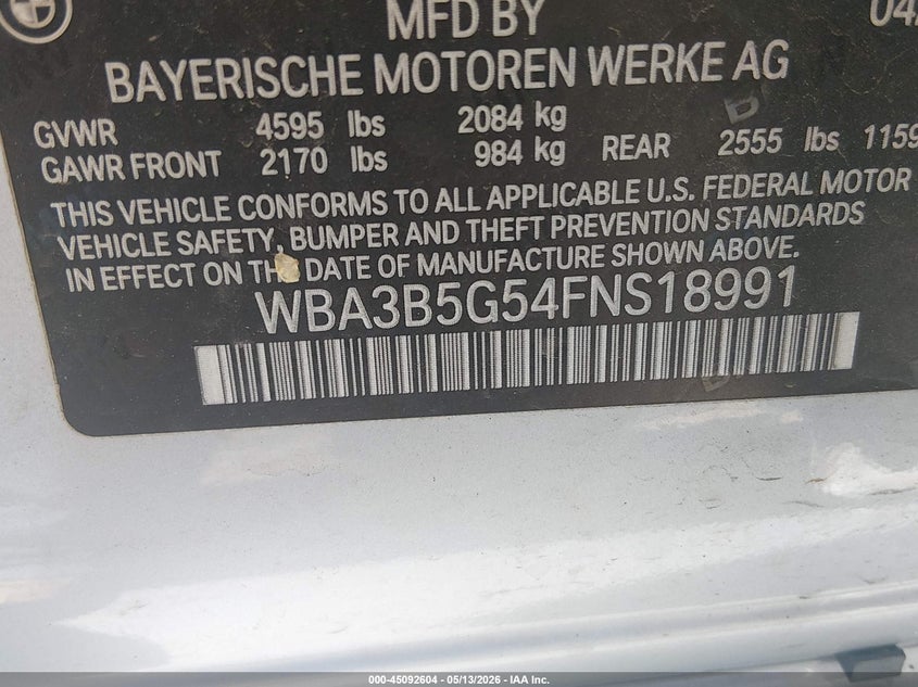 2015 BMW 3er VIN WBA3B5G54FNS18991 IAAI salvage auction — RIGHT SIDE, Salvage (Kansas), sold $1,350 on 2026-07-08 (photo 9)