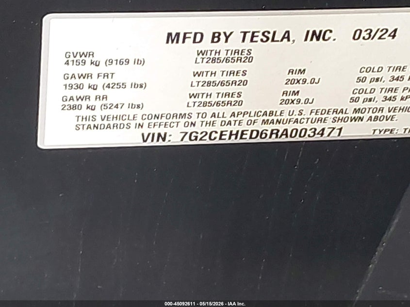 2024 Tesla Cybertruck VIN 7G2CEHED6RA003471 IAAI salvage auction — FRONT END, Mv-907A (New York), sold $32,250 on 2026-07-09 (photo 9)