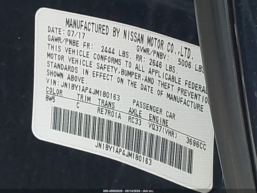 2018 Infiniti Q70 VIN JN1BY1AP4JM180163 IAAI salvage auction — LEFT SIDE, Clear (Colorado), sold $1,225 on 2026-07-14 (photo 9)