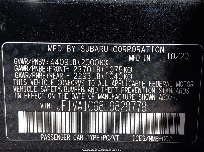 2020 Subaru Wrx VIN JF1VA1C68L9828778 IAAI salvage auction — LEFT SIDE, Salvage (Nevada), sold $6,500 on 2026-07-10 (photo 9)