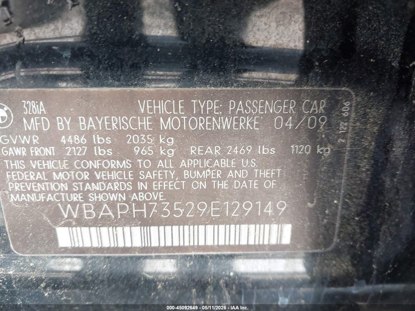 2009 BMW 3 series VIN WBAPH73529E129149 IAAI salvage auction — NORMAL WEAR, Repossession Paperwork (Georgia), sold $700 on 2026-07-22 (photo 9)