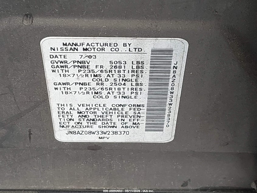 2003 Nissan Murano VIN JN8AZ08W33W238370 IAAI salvage auction — NORMAL WEAR, Repossession Paperwork (Georgia), sold $300 on 2026-07-15 (photo 9)