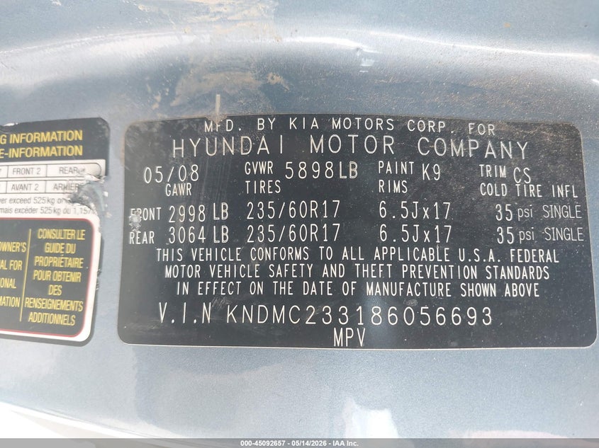 2008 Hyundai Entourage VIN KNDMC233186056693 IAAI salvage auction — RIGHT FRONT, Clear (Kansas), sold $250 on 2026-07-10 (photo 9)