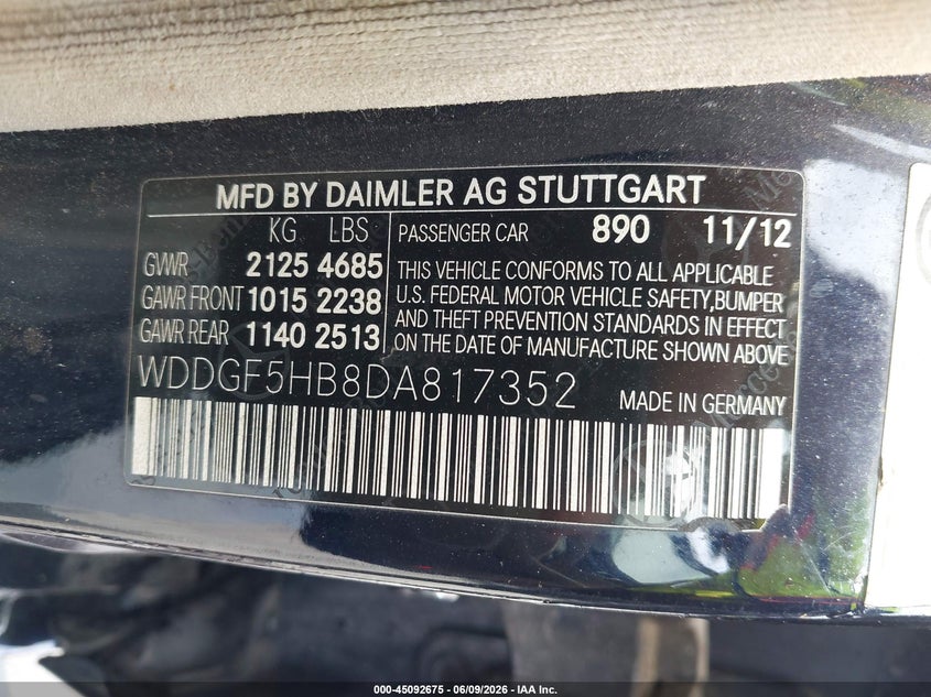 2013 Mercedes-benz C-klasse VIN WDDGF5HB8DA817352 IAAI salvage auction — LEFT SIDE, Clear (Florida), sold $1,000 on 2026-07-06 (photo 9)