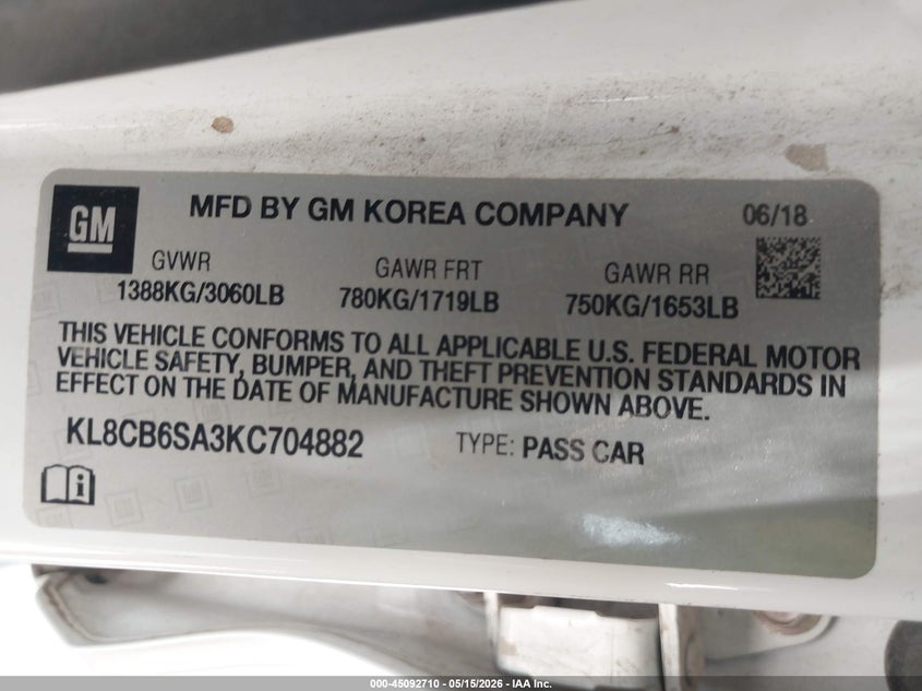 2019 Chevrolet Spark VIN KL8CB6SA3KC704882 IAAI salvage auction — RIGHT FRONT, Salvage (Texas), sold $975 on 2026-07-20 (photo 9)