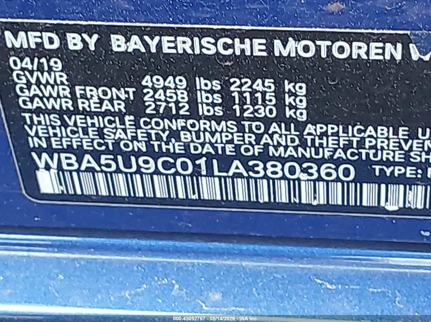 2020 BMW 3er VIN WBA5U9C01LA380360 IAAI salvage auction — FRONT END, Salvage (Idaho), sold $12,950 on 2026-07-14 (photo 9)