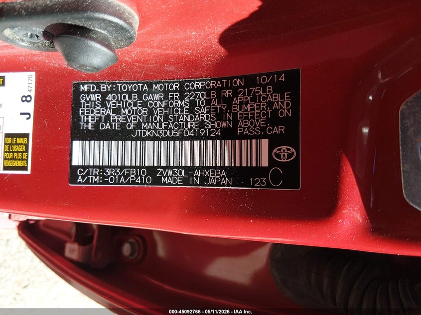 2015 Toyota Prius VIN JTDKN3DU5F0419124 IAAI salvage auction — LEFT FRONT, Salvage (Illinois), sold $3,300 on 2026-07-29 (photo 9)