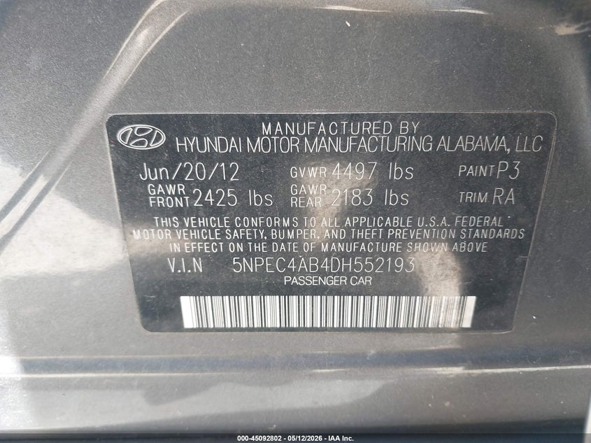 2013 Hyundai Sonata VIN 5NPEC4AB4DH552193 IAAI salvage auction — FRONT END, Salvage (Georgia), sold $425 on 2026-07-14 (photo 9)
