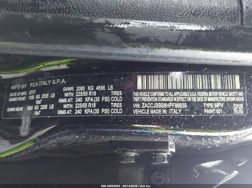 2017 Jeep Renegade VIN ZACCJBBB8HPF96839 IAAI salvage auction — REAR END, Salvage (Massachusetts), sold $1,100 on 2026-08-21 (photo 9)