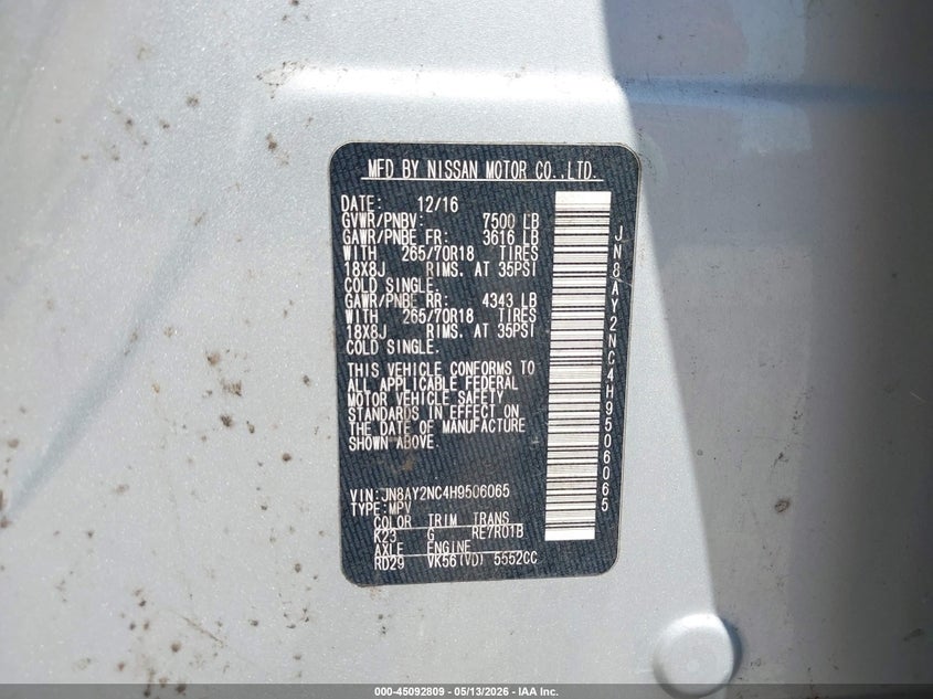 2017 Nissan Armada VIN JN8AY2NC4H9506065 IAAI salvage auction — FRONT END, Original (Texas), sold $2,200 on 2026-07-31 (photo 9)