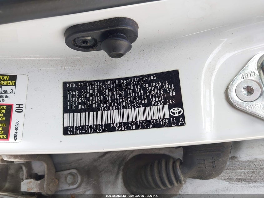 2015 Toyota Corolla VIN 5YFBURHEXFP257554 IAAI salvage auction — FRONT END, Salvage (Georgia), sold $1,150 on 2026-07-15 (photo 9)