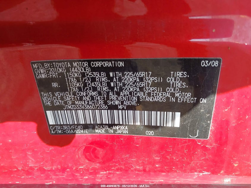2008 Toyota Rav 4 VIN JTMZD33V386072386 IAAI salvage auction — FRONT END, Salvage (Indiana), sold $1,600 on 2026-08-02 (photo 9)