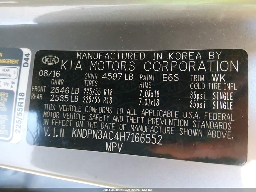 2017 Kia Sportage VIN KNDPN3AC4H7166552 IAAI salvage auction — LEFT FRONT, Salvage (Louisiana), sold $2,350 on 2026-07-06 (photo 9)