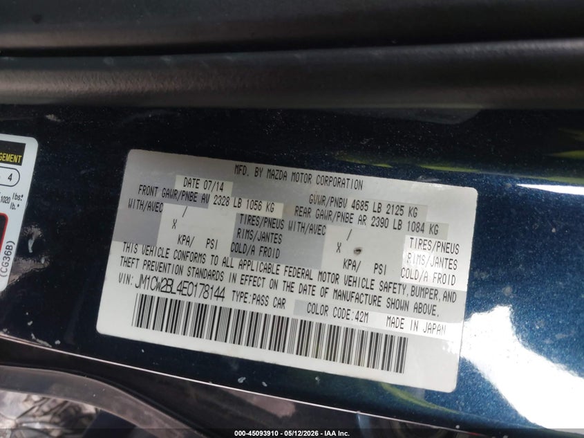 2014 Mazda 5 VIN JM1CW2BL4E0178144 IAAI salvage auction — FRONT END, Bill Of Sale (Georgia), sold $250 on 2026-07-17 (photo 9)