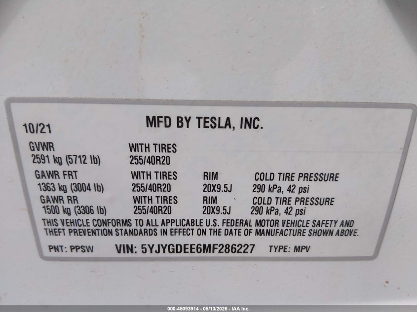 2021 Tesla Model y VIN 5YJYGDEE6MF286227 IAAI salvage auction — FRONT END, Salvage (New Jersey), sold $6,200 on 2026-07-30 (photo 9)