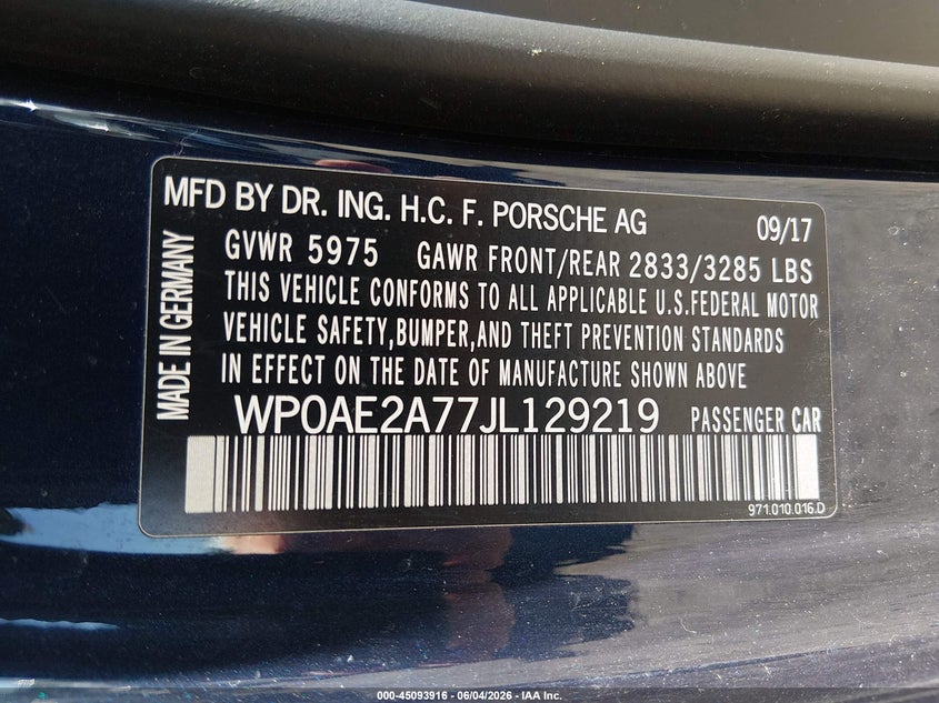 2018 Porsche Panamera VIN WP0AE2A77JL129219 IAAI salvage auction — RIGHT FRONT, Salvage Title, sold $16,600 on 2026-07-10 (photo 9)