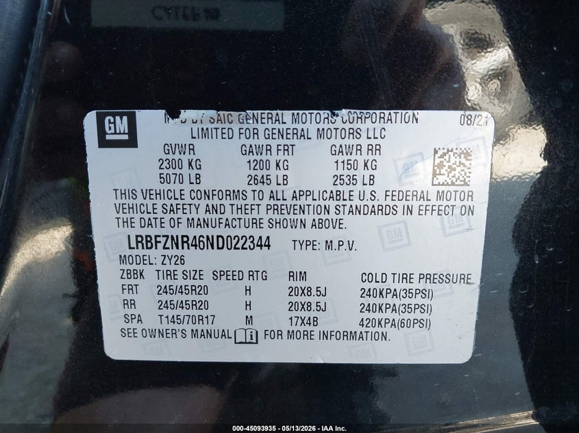 2022 Buick Envision VIN LRBFZNR46ND022344 IAAI salvage auction — RIGHT FRONT, Salvage (Texas), sold $3,600 on 2026-07-21 (photo 9)