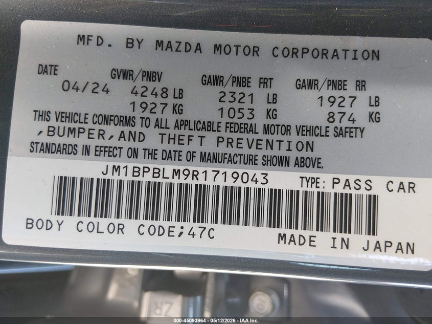 2024 Mazda 3 VIN JM1BPBLM9R1719043 IAAI salvage auction — LEFT & RIGHT, Salvage (Kansas), sold $5,850 on 2026-07-22 (photo 9)