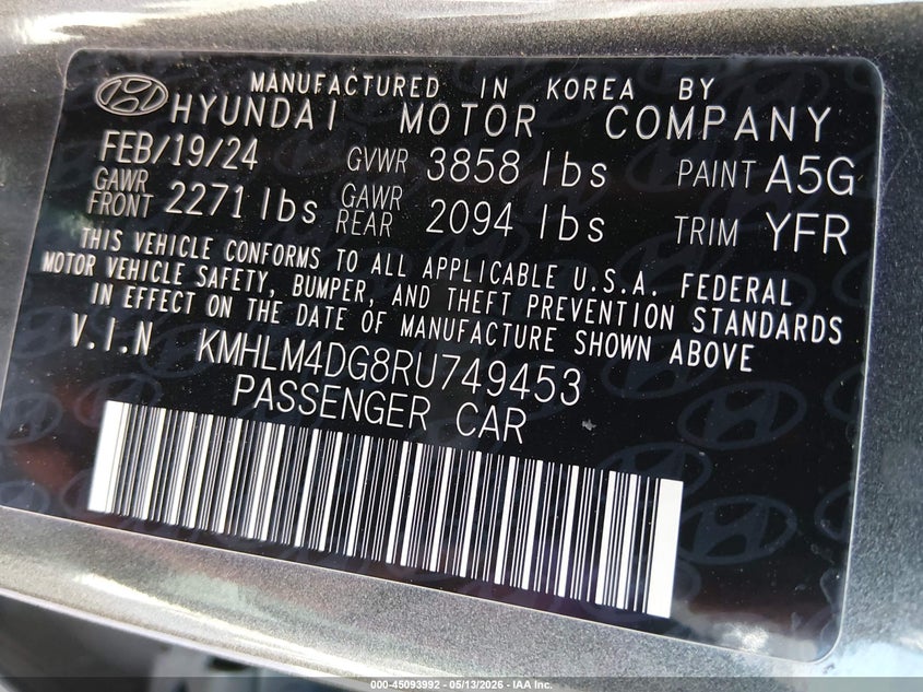 2024 Hyundai Elantra VIN KMHLM4DG8RU749453 IAAI salvage auction — REAR END, Salvage (Texas), sold $4,550 on 2026-07-07 (photo 9)