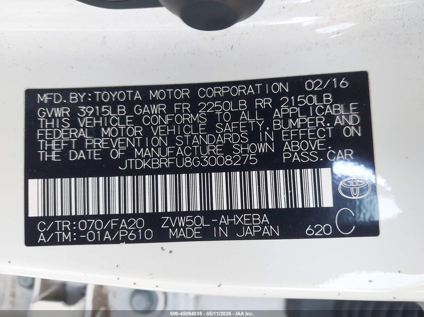 2016 Toyota Prius VIN JTDKBRFU8G3008275 IAAI salvage auction — LEFT REAR, Salvage (California), sold $3,550 on 2026-07-29 (photo 9)