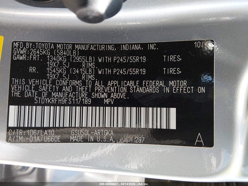 2015 Toyota Highlander VIN 5TDYKRFH9FS117189 IAAI salvage auction — FRONT END, Salvage (Texas), sold $3,675 on 2026-07-07 (photo 9)