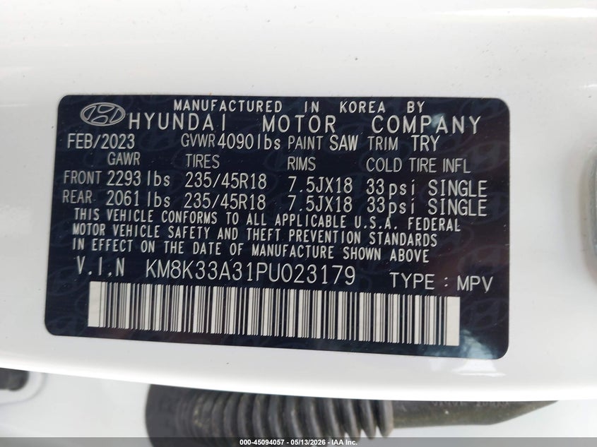 2023 Hyundai Kona VIN KM8K33A31PU023179 IAAI salvage auction — SUSPENSION, Salvage (Rhode Island), sold $3,850 on 2026-07-14 (photo 9)