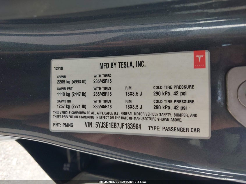 2018 Tesla Model 3 VIN 5YJ3E1EB7JF183964 IAAI salvage auction — FRONT END, Salvage (Minnesota), sold $3,200 on 2026-07-23 (photo 9)