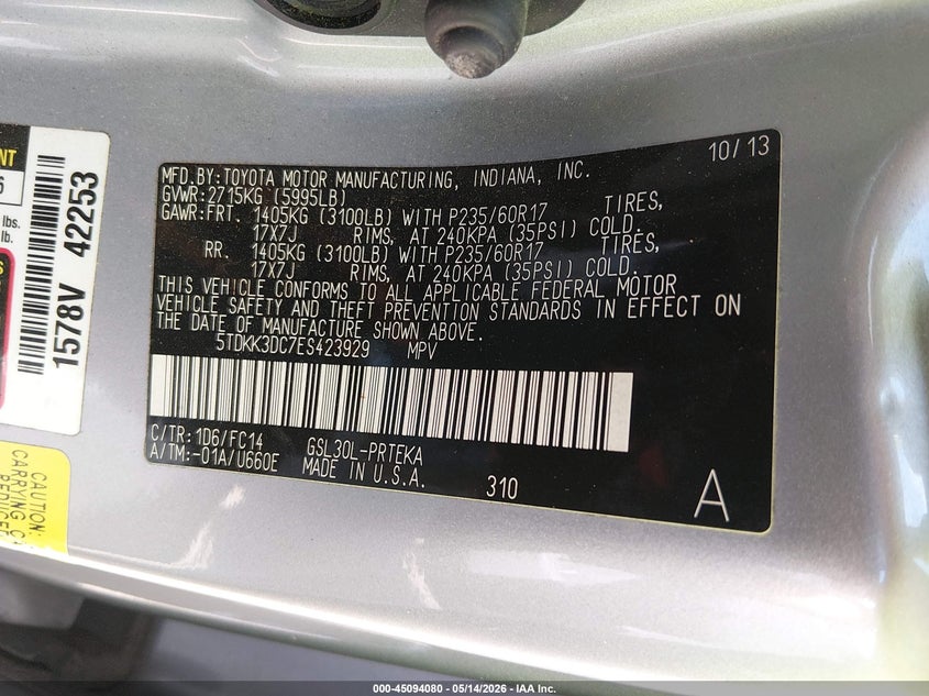2014 Toyota Sienna VIN 5TDKK3DC7ES423929 IAAI salvage auction — SIDE, Clear (Tennessee), sold $250 on 2026-07-29 (photo 9)