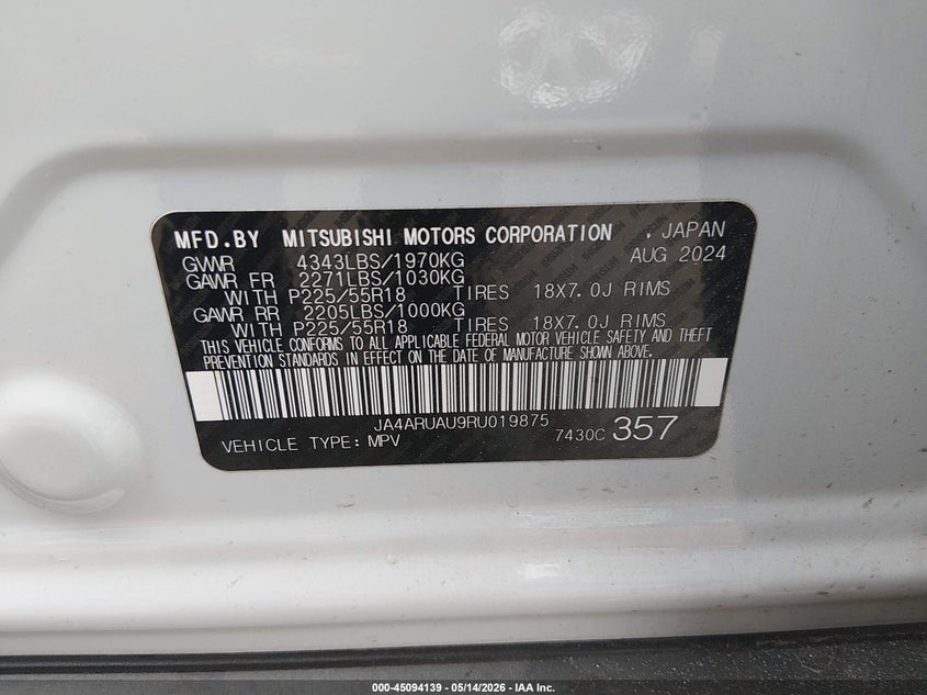 2024 Mitsubishi Outlander VIN JA4ARUAU9RU019875 IAAI salvage auction — LEFT SIDE, Salvage (Ohio), sold $3,950 on 2026-07-21 (photo 9)