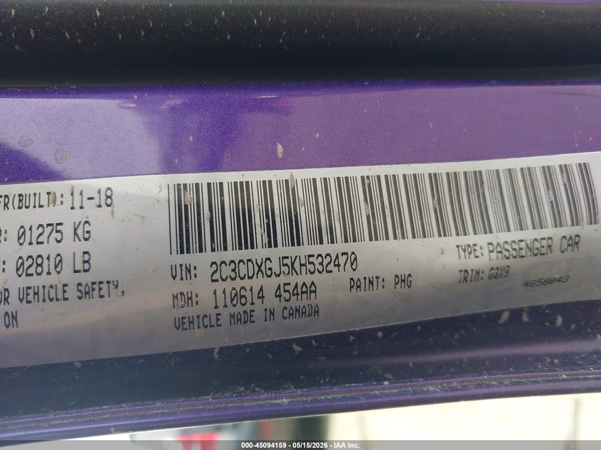 2019 Dodge Charger VIN 2C3CDXGJ5KH532470 IAAI salvage auction — LEFT SIDE, Salvage Title, sold $13,450 on 2026-08-25 (photo 9)