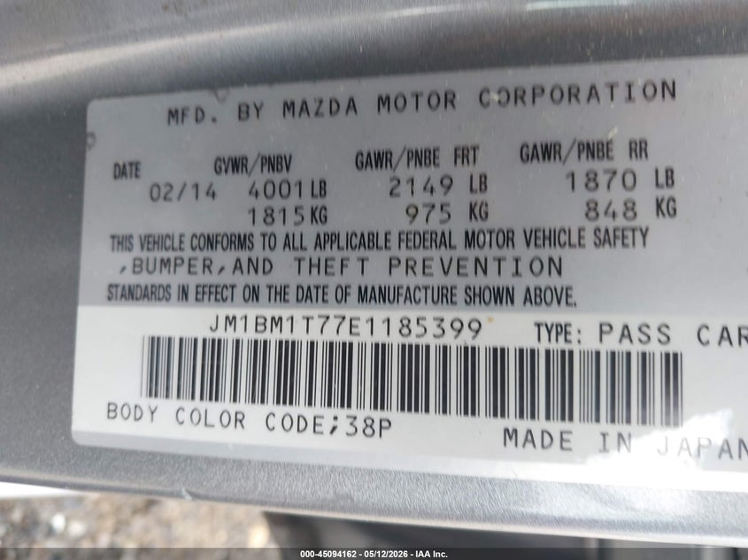 2014 Mazda 3 VIN JM1BM1T77E1185399 IAAI salvage auction — FRONT END, Salvage (Georgia), sold $275 on 2026-07-22 (photo 9)