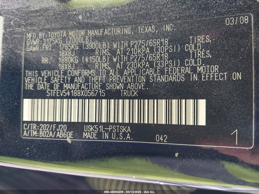 2008 Toyota Tundra VIN 5TFEV54188X056715 IAAI salvage auction — MECHANICAL, Clear (Montana), sold $2,500 on 2026-08-01 (photo 9)