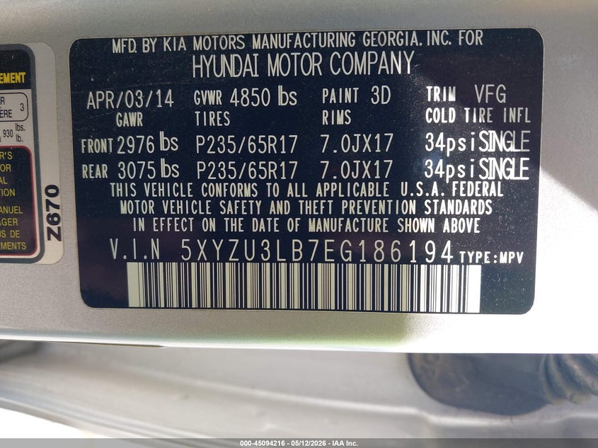 2014 Hyundai Santa fe VIN 5XYZU3LB7EG186194 IAAI salvage auction — REAR END, Original (Texas), sold $2,600 on 2026-07-28 (photo 9)